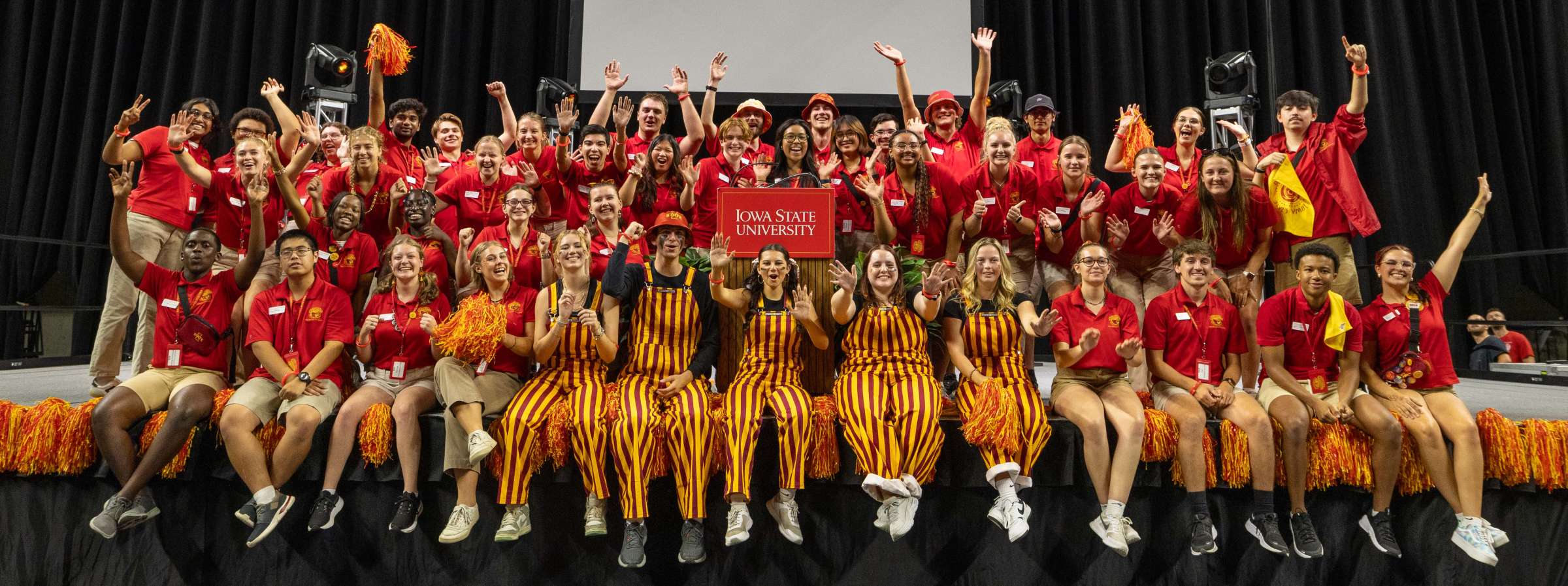 Group shot of the Cyclone Aides celebrating a successful Destination Iowa State.