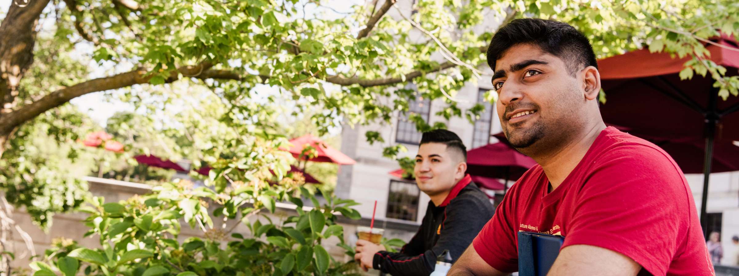 Two students on the Memorial Union terrace